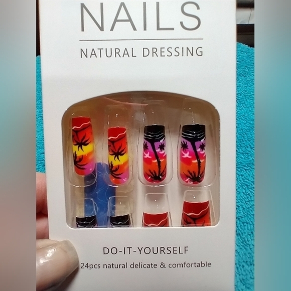 Press on nails palm tree beach sunset art nail set red yellow purple - Picture 2 of 3